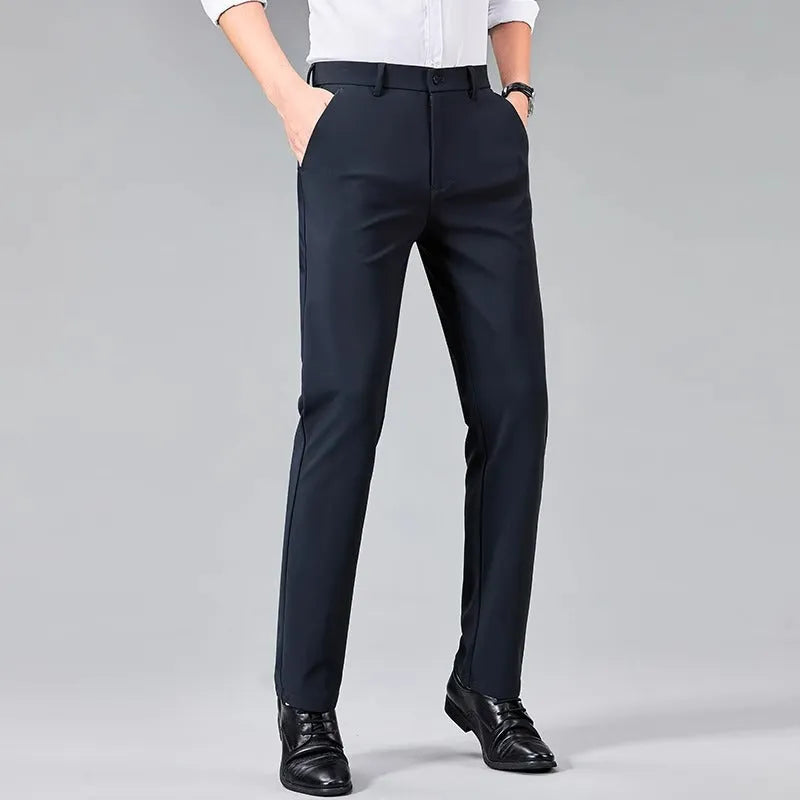 Summer ice silk thin non-ironing men's business casual pants in black, side view