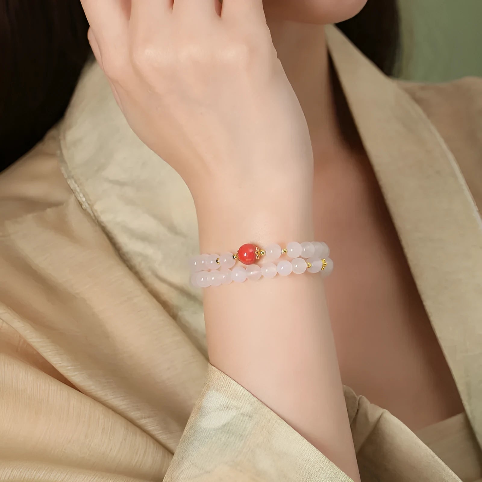 Double layer white agate women's bracelet with geometric 6mm beads and jequirity bean cinnabar details
