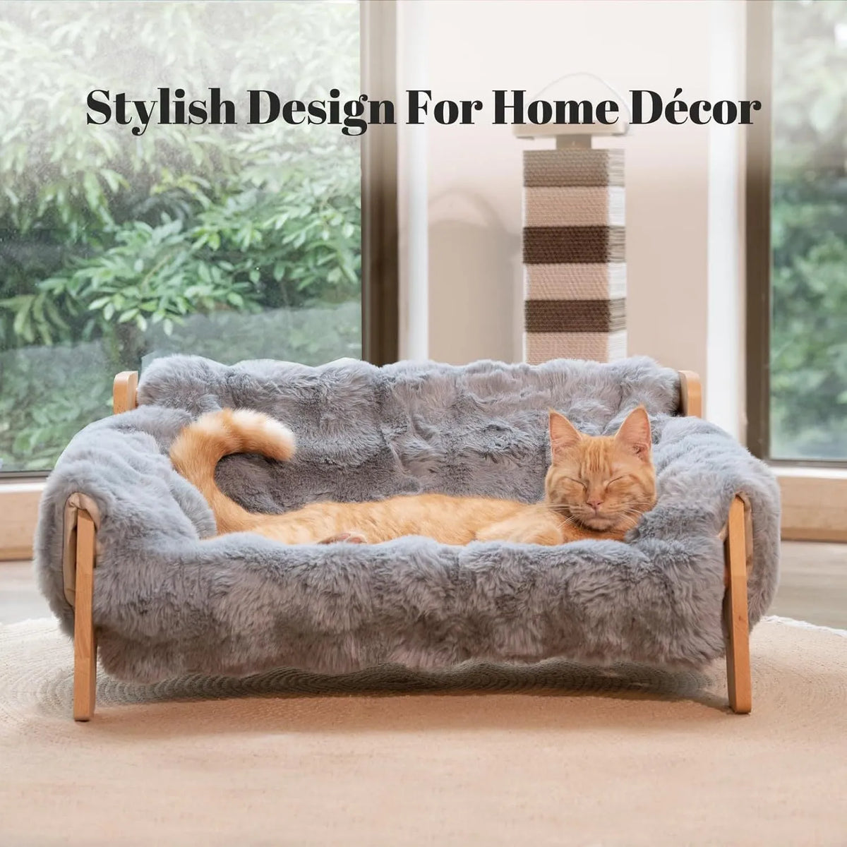 Wooden cat sofa bed with cotton removable washable cover in beige, grey, or khaki, four-season indoor cat bed