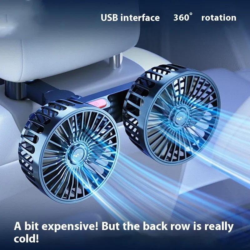 Double-headed rear car fan with USB interface, 360-degree rotation, wind sound and light, ABS build
