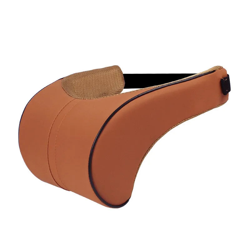 Car seat cushion headrest with memory foam interior and leather exterior in solid colour