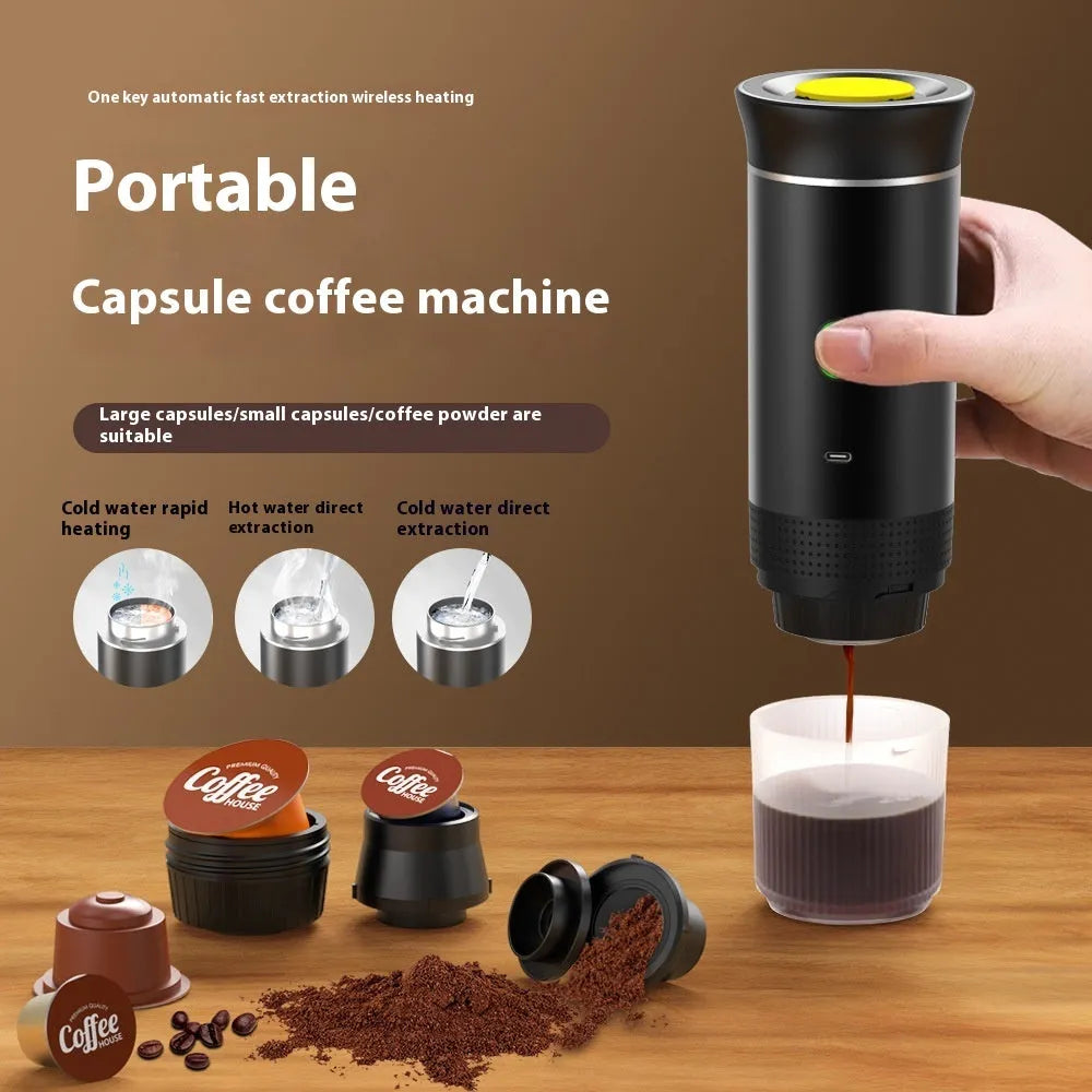 Portable white espresso machine with USB cable on a wooden table