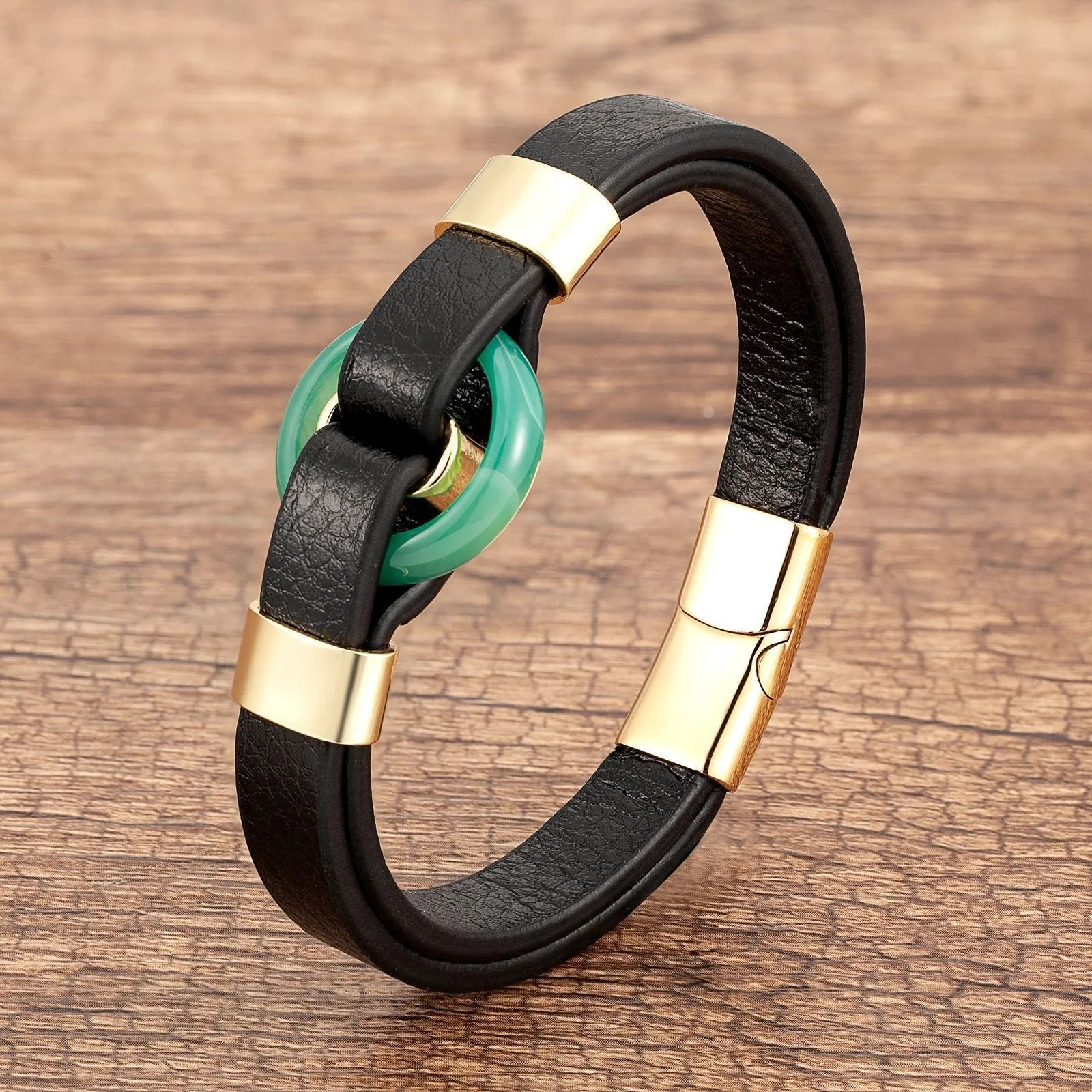 Leather bracelet with magnetic gold buckle retro bohemian style 21cm unisex