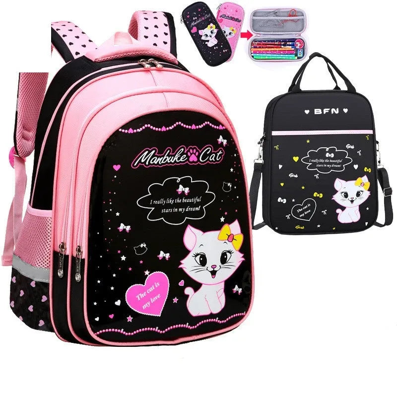 Kids school backpack with cute cat print in nylon, waterproof and load-reducing design, available in large or small sizes