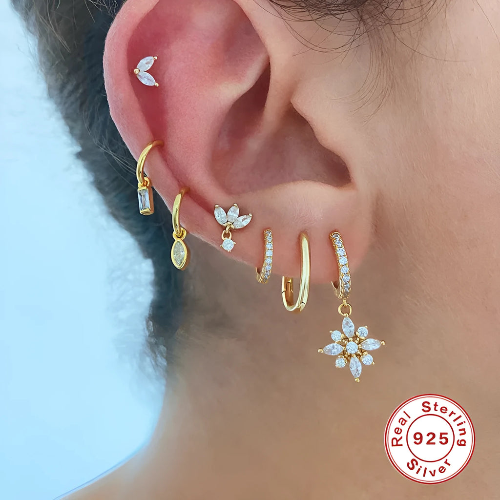 S925 sterling silver snowflake pendant earrings with diamond accents in white gold and yellow gold colour options