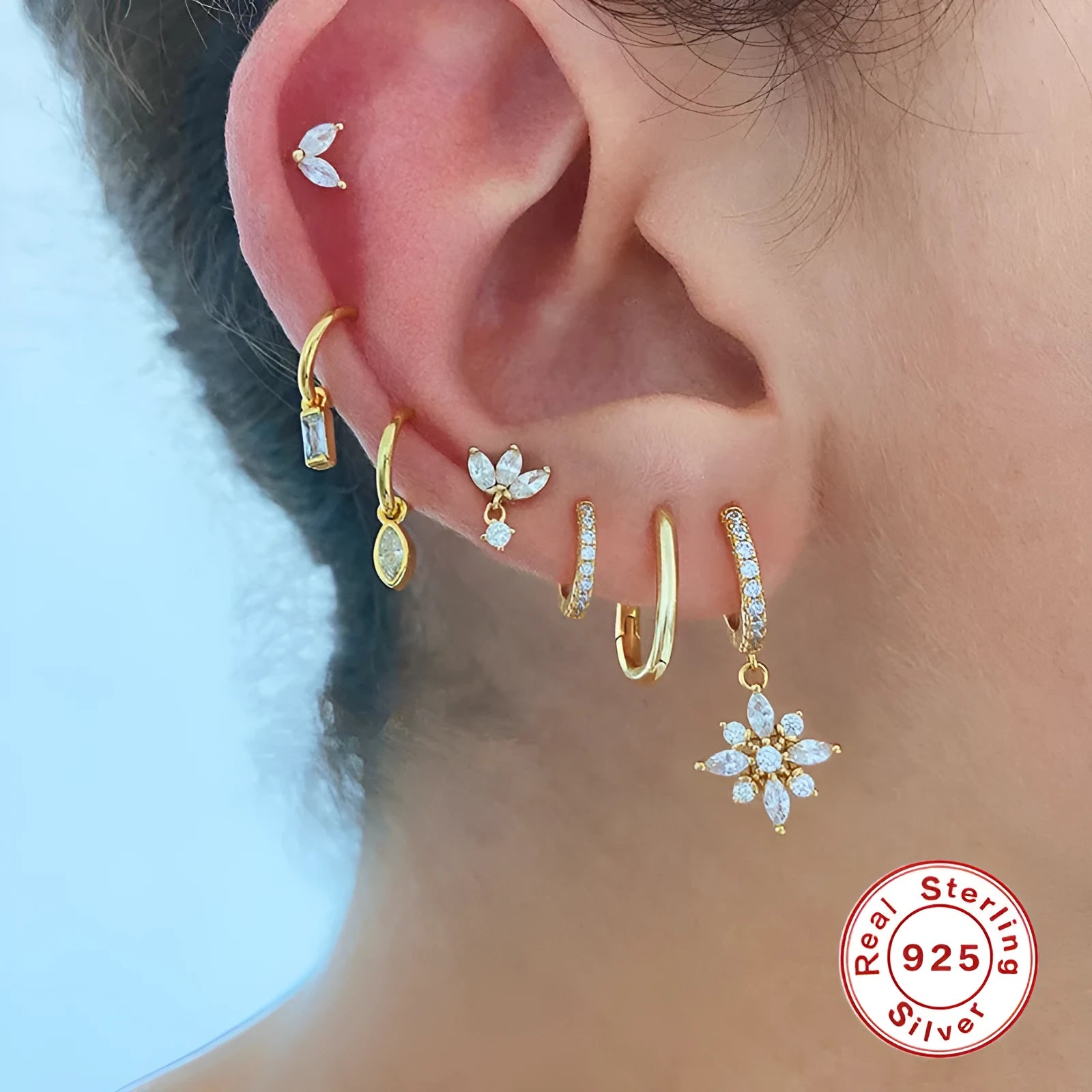 S925 sterling silver snowflake pendant earrings with diamond accents in white gold and yellow gold colour options