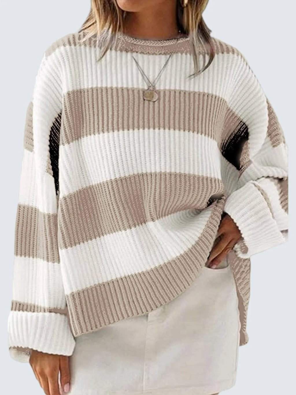 Women's striped loose sweater with bell sleeves and crocheted flower details in viscose fibre.