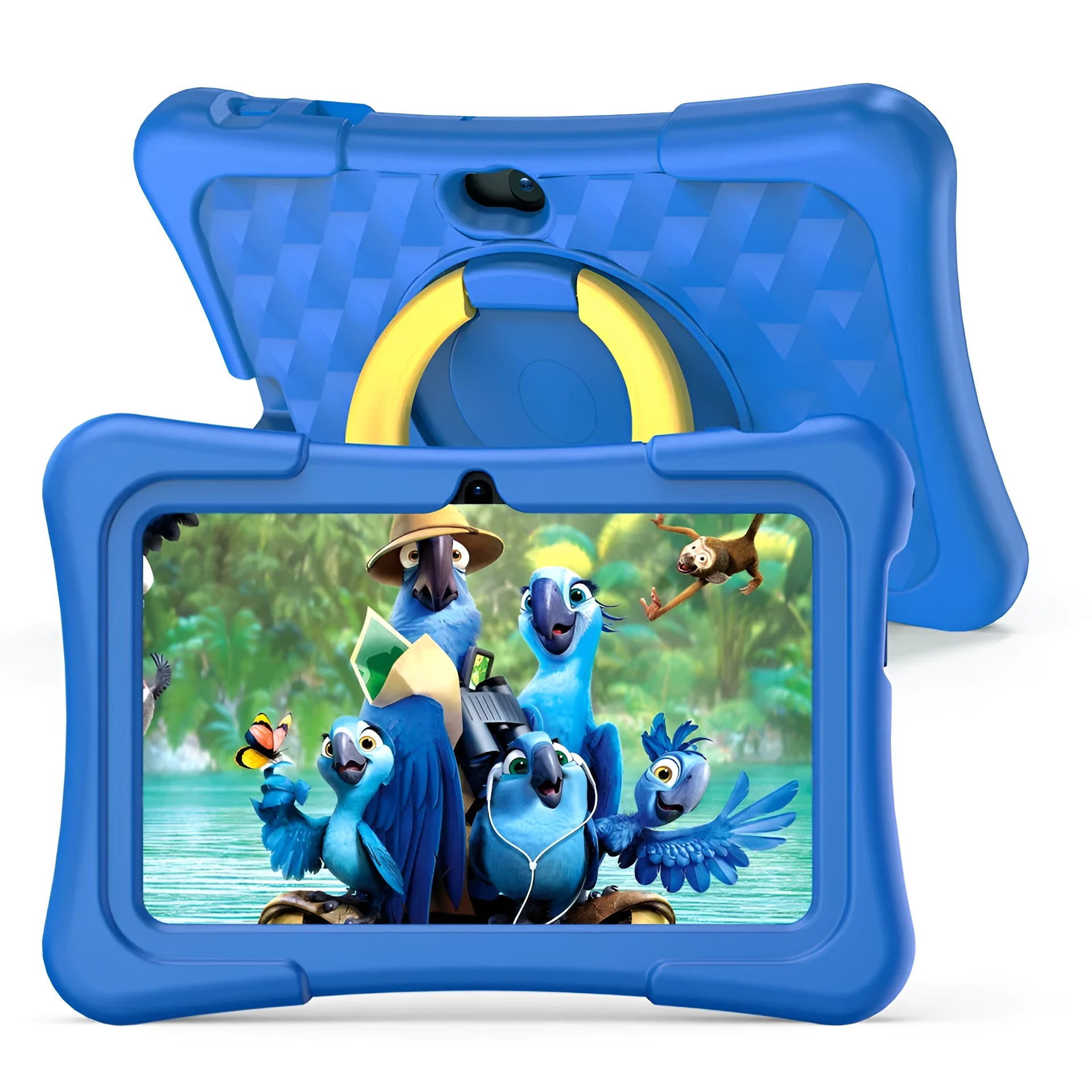 Blue 7-inch children's educational tablet with a silicone protective cover and a rotating carry handle attached.