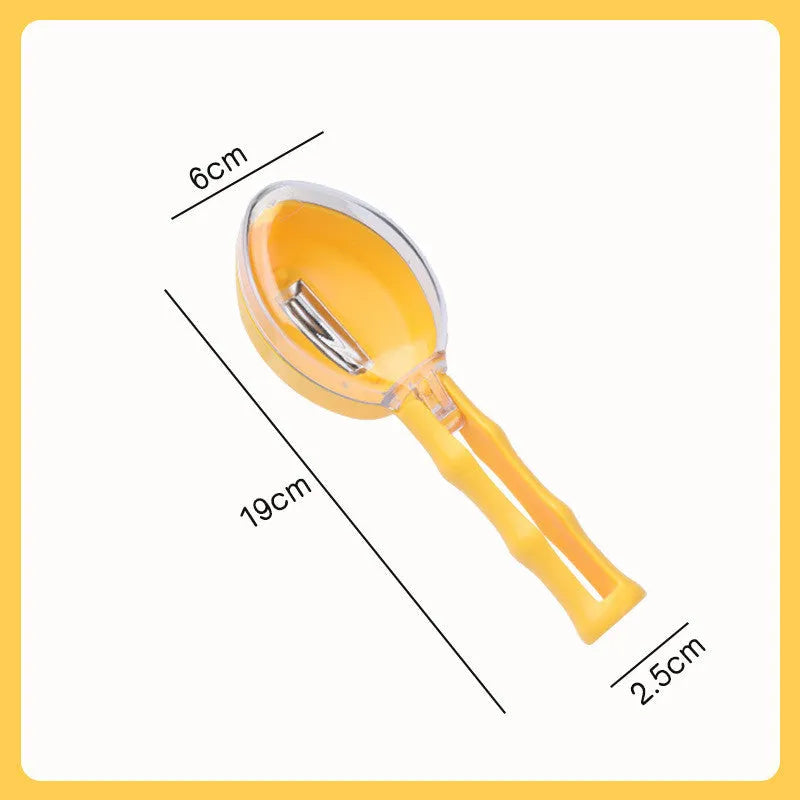 Yellow peeling knife with a protective storage lid on a dark background.