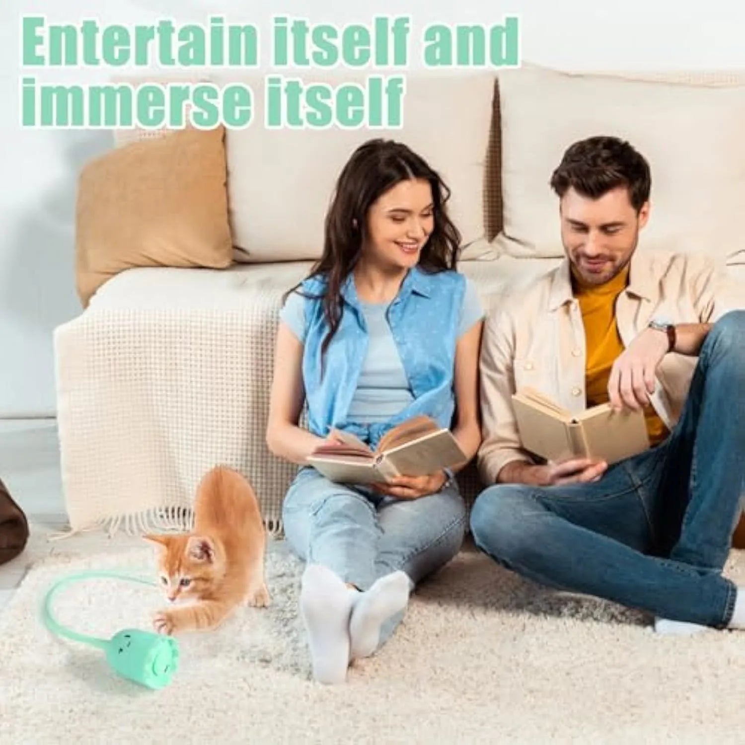 Green rechargeable automatic cat wand toy with swinging silicone tail on a white background.