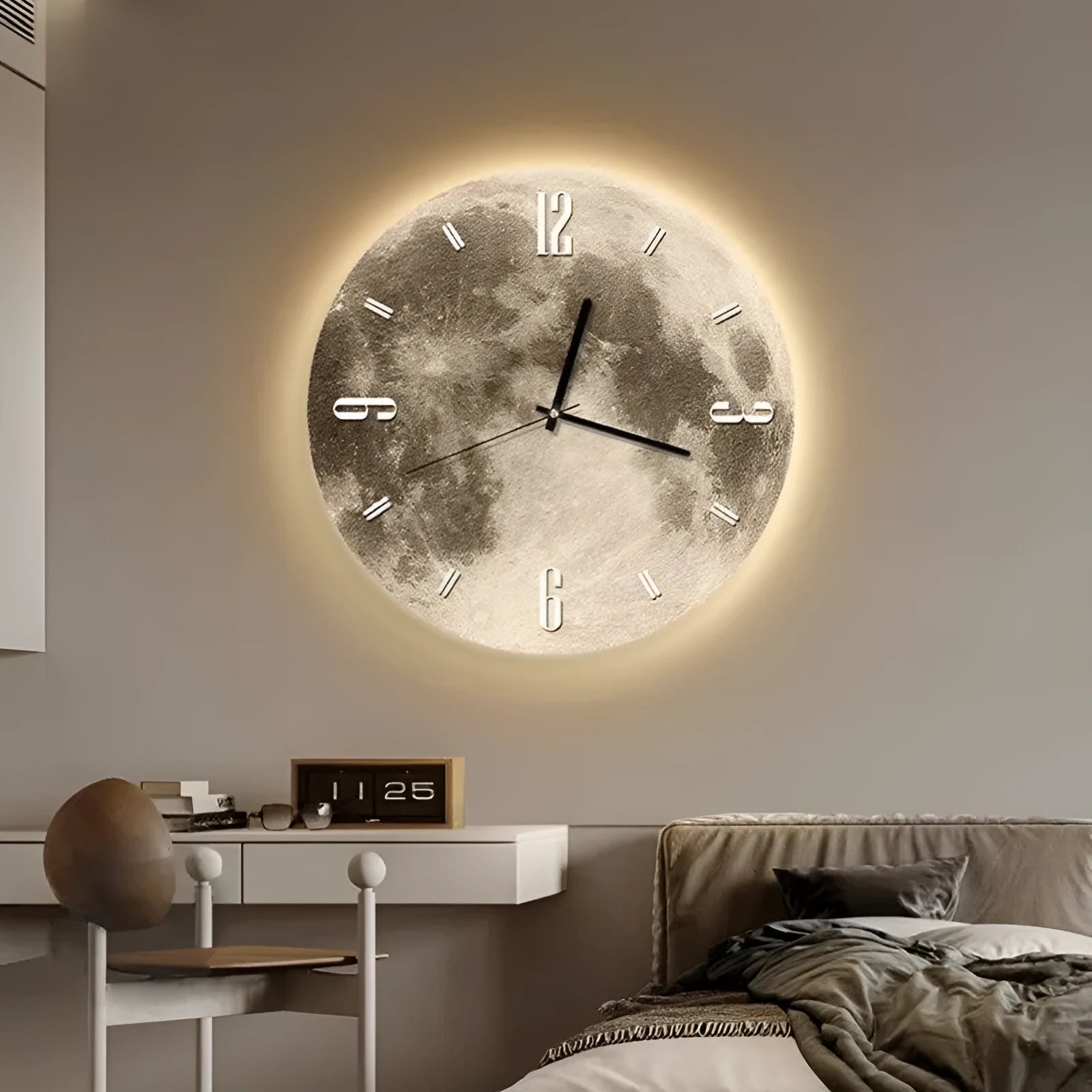Plastic wall clock with optional LED ambient light ring and month calendar, shown in 30cm, 40cm and 50cm sizes.