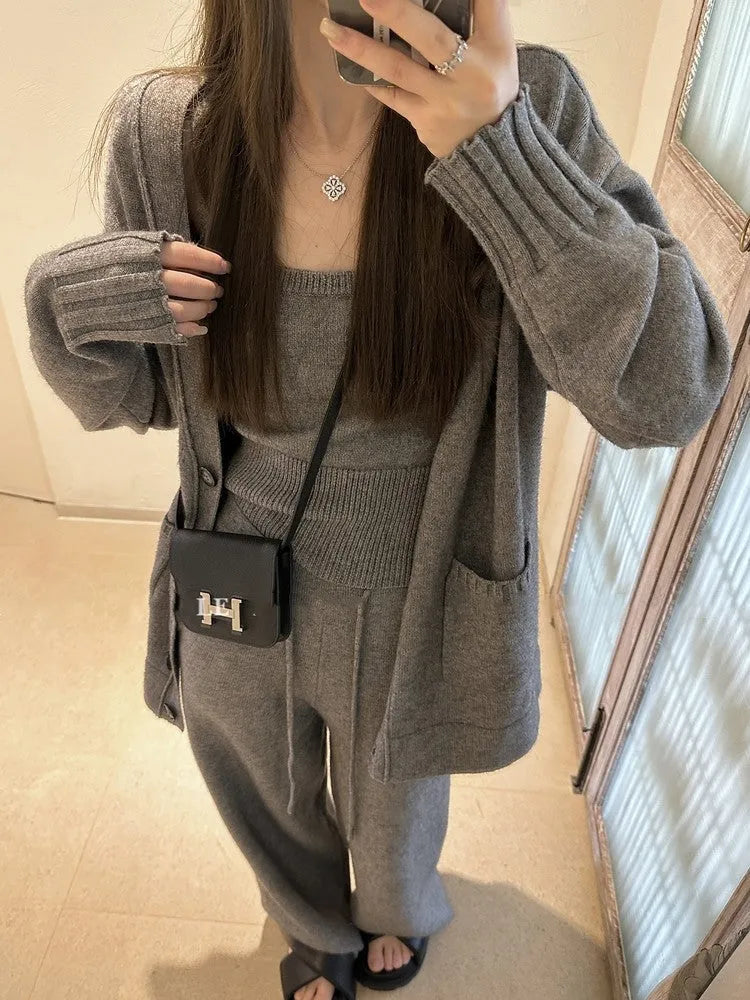Women's knit cardigan suspender pants three-piece set in wool blend fabric