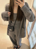 Women's knit cardigan suspender pants three-piece set in wool blend fabric