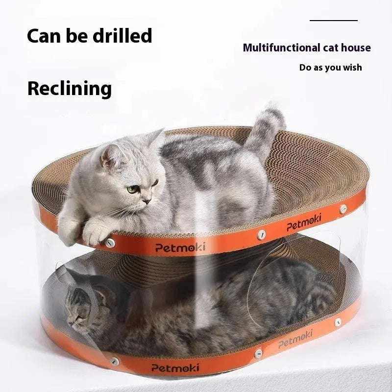 Transparent white PVC cat tunnel nest attached to a corrugated board scratch pad.