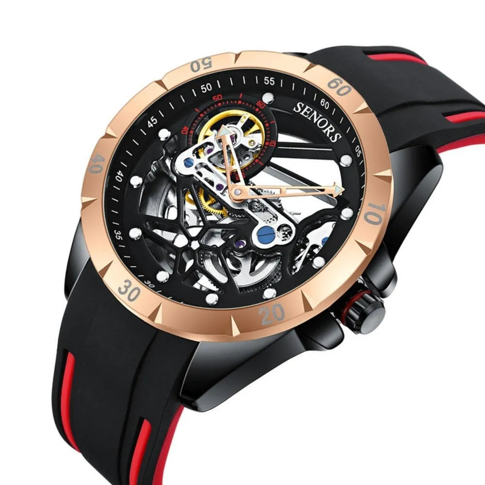 Men's rose gold skeleton automatic watch showing mechanical movement through hollow dial on wrist