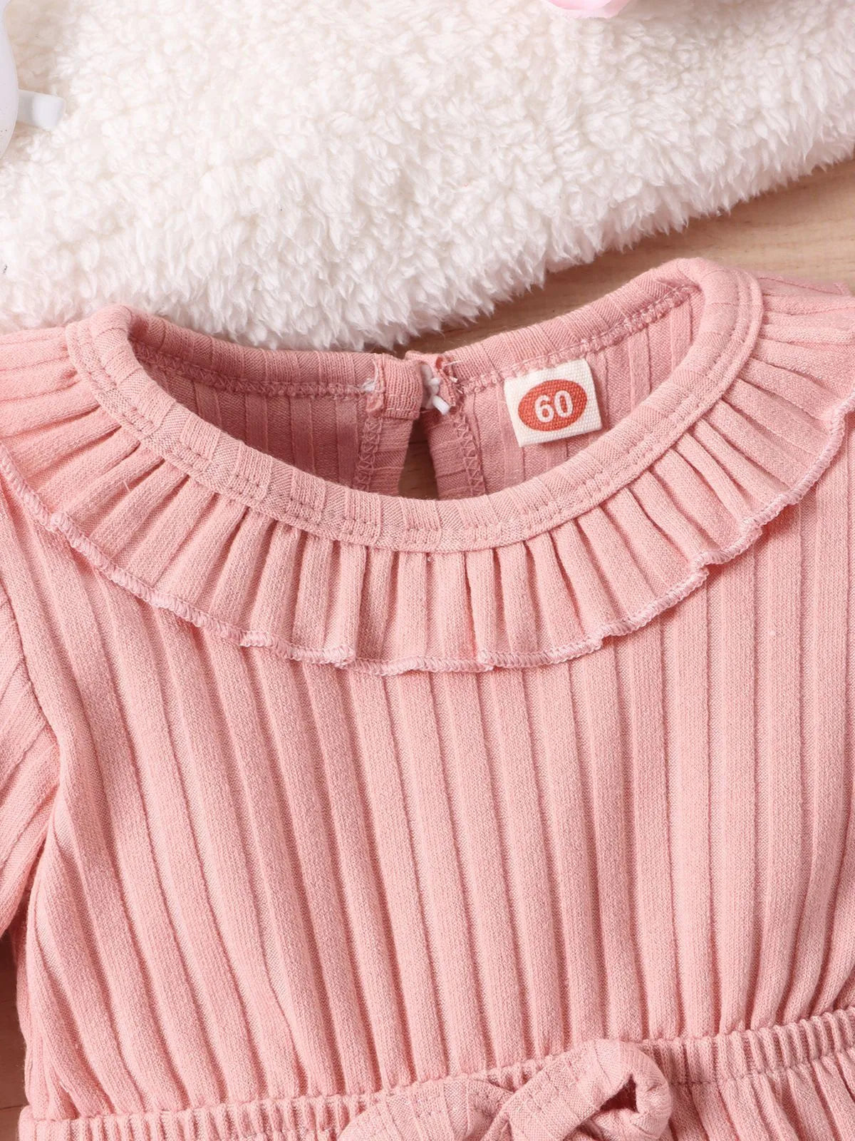 Baby girl long sleeve striped cotton romper with headscarf in white, pink, and brown options