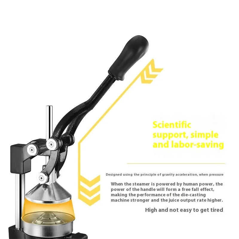 Black cast iron manual citrus juicer with stainless steel strainer on a kitchen counter.