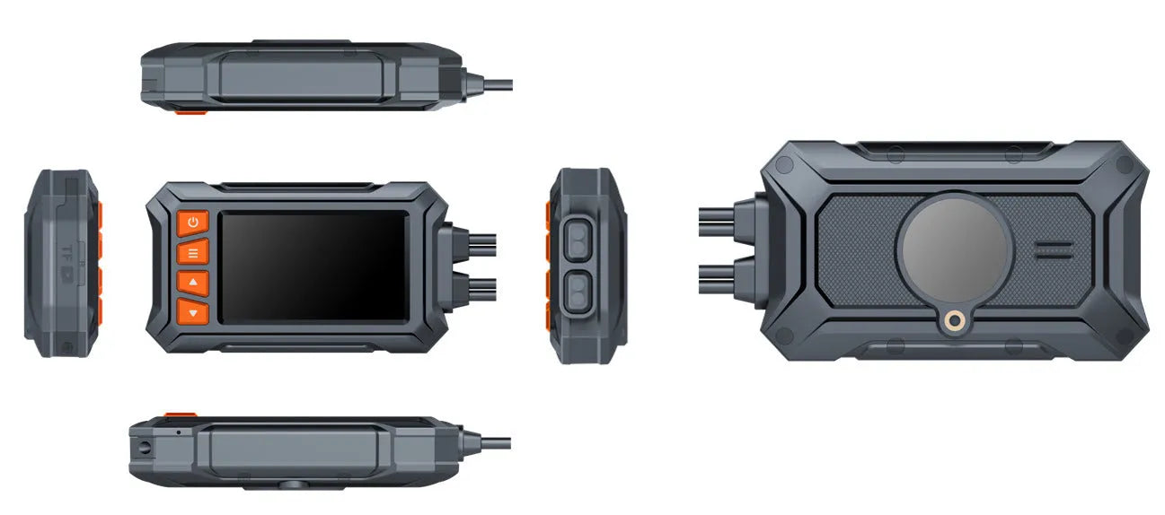 Motorcycle dual lens GPS tachograph recorder with waterproof host unit and mounting accessories.