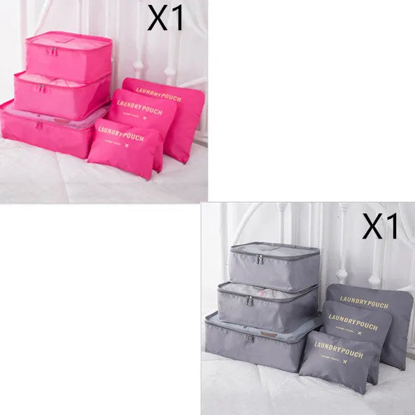 6 PCS travel storage bag set in polyester with handbag shape, multiple colour options for clothes and cosmetic organisation