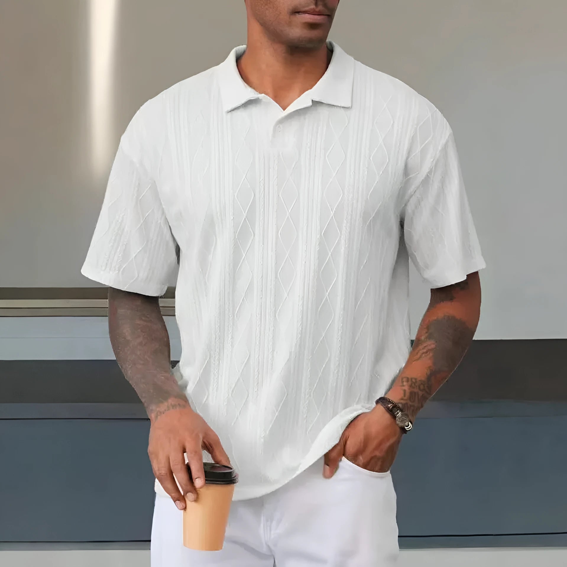 Retro button lapel short sleeve t-shirt in cotton blend fabric, loose fit with side slit detail