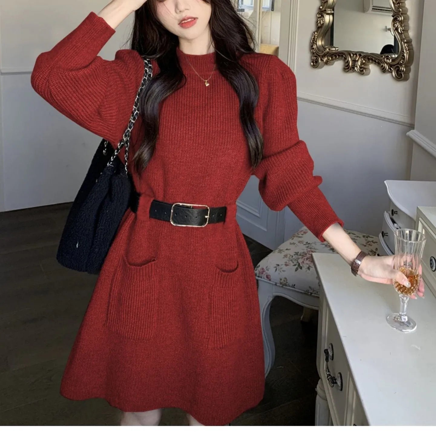 Women's loose knitted base dress with long sleeves and high waist, shown with coordinating black belt