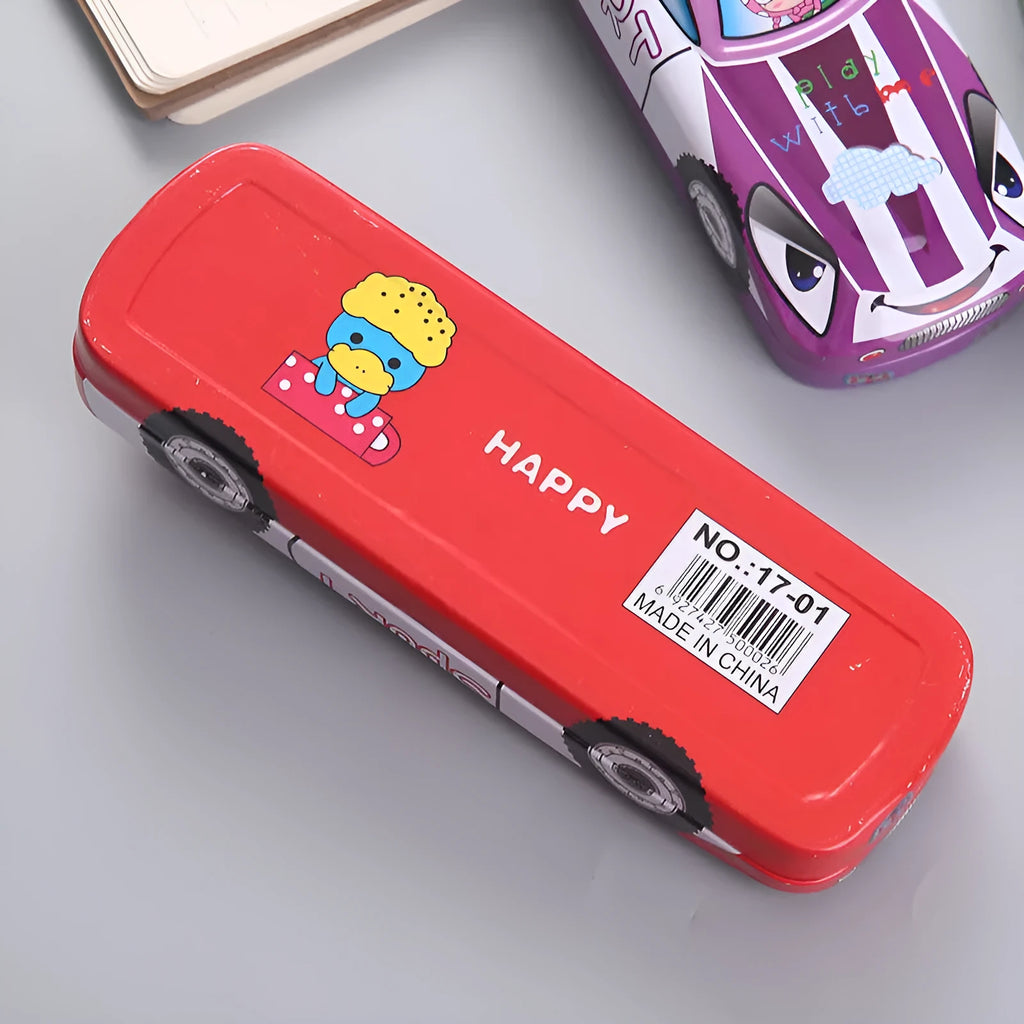 Cartoon pattern racing car shape metal tinplate pencil case with double-layer design