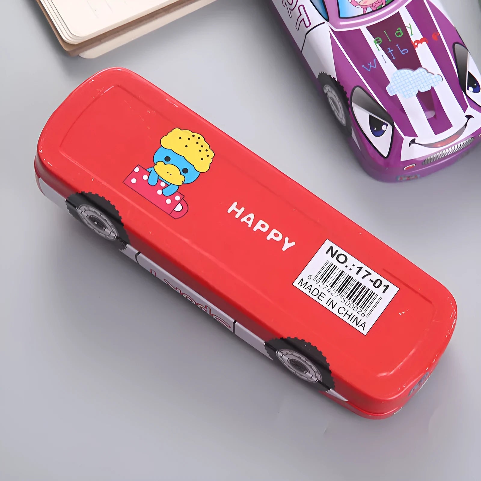 Cartoon pattern racing car shape metal tinplate pencil case with double-layer design