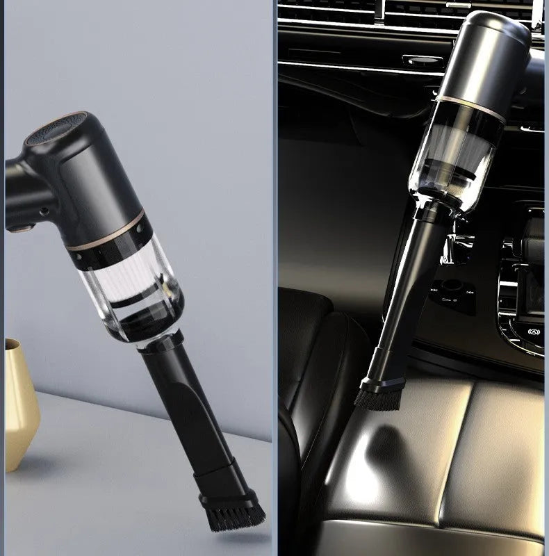 Black wireless handheld car vacuum cleaner with attachments including brushes and nozzles.