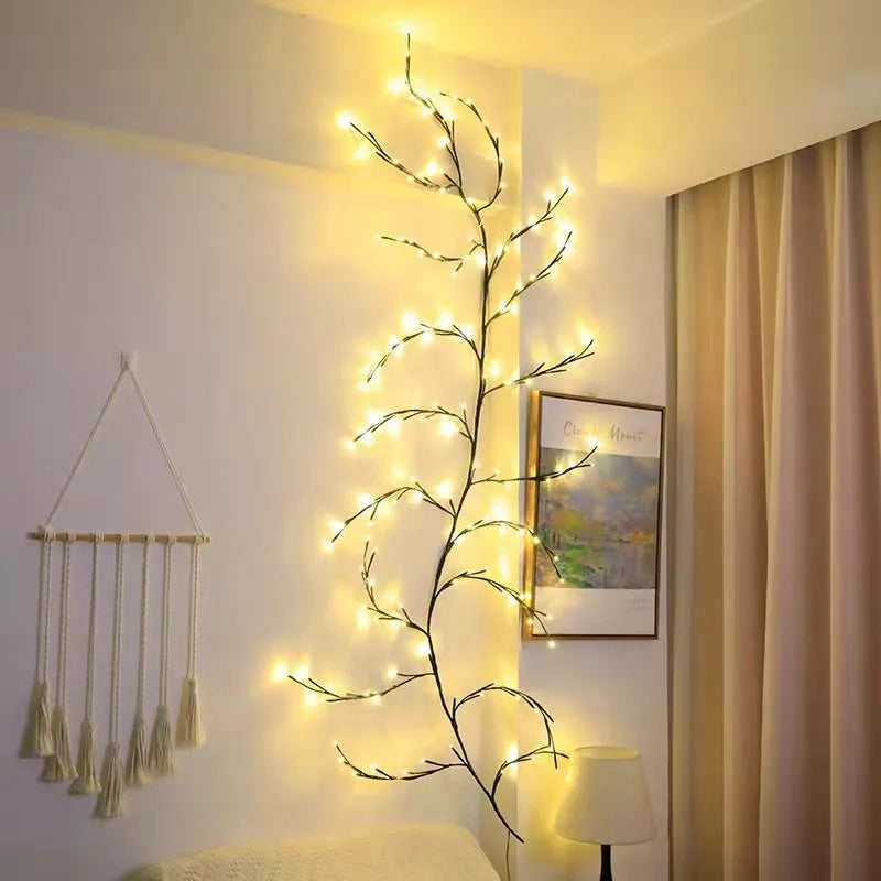 Flexible LED vine light garland with birch bark texture and 144 warm white lights on bendable branches