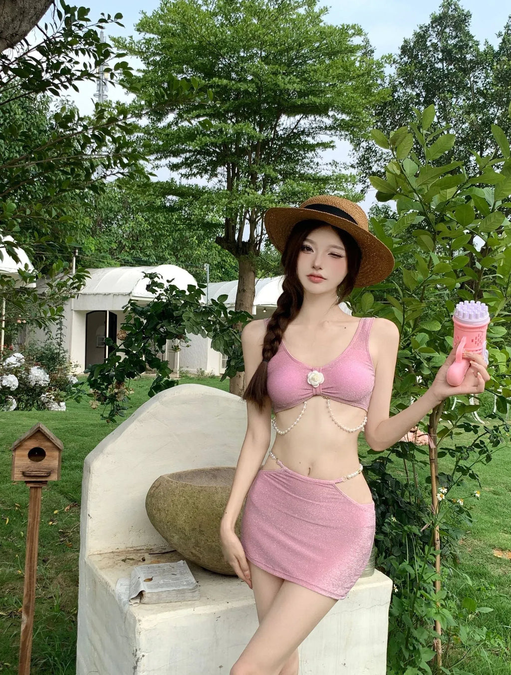 Women's pink and black three-piece polyester bikini set for swimming and hot springs