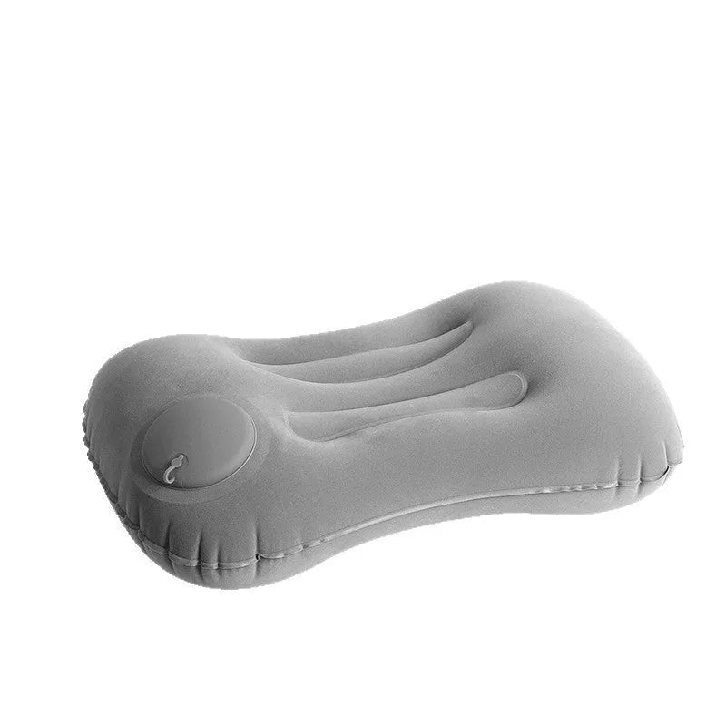 Portable inflatable travel pillow in grey colour showing 45x30x13cm thickening size and modern design