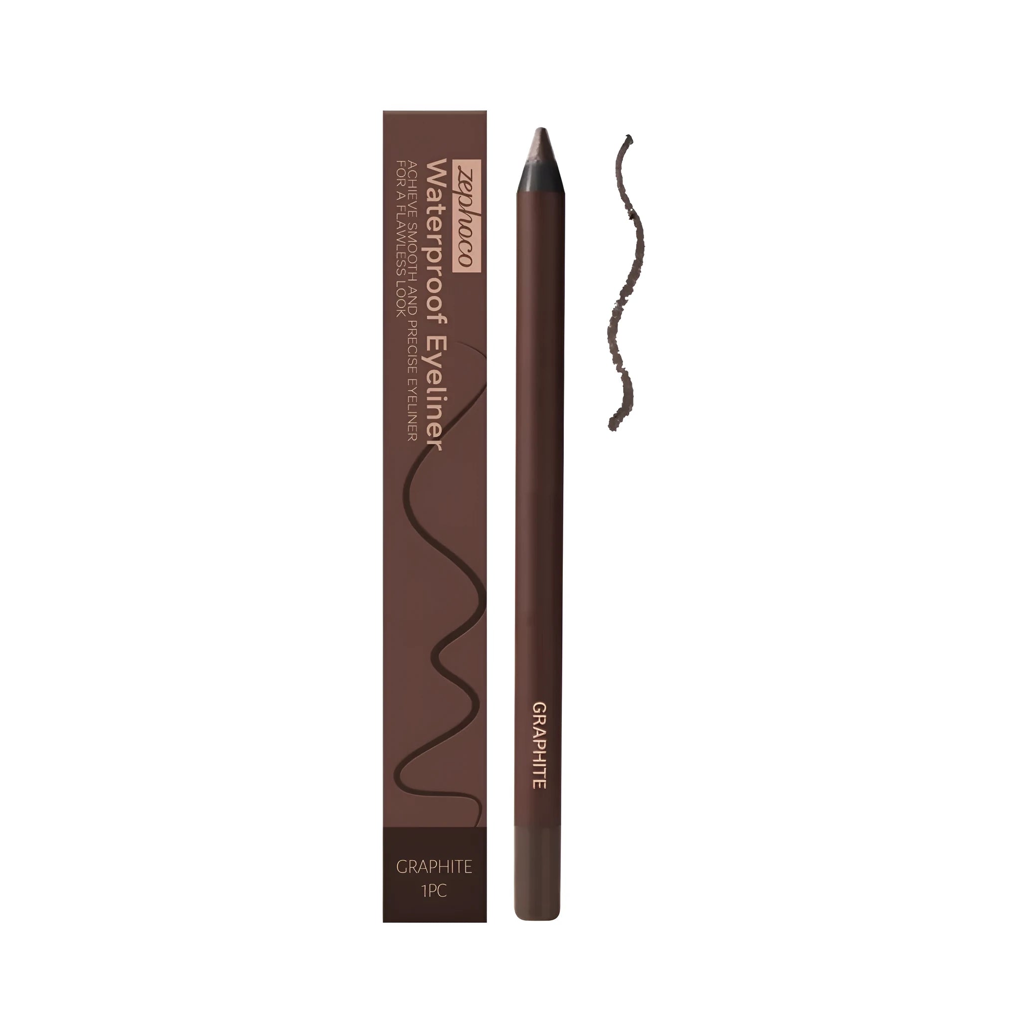 Waterproof eyeliner pen shown in seven colour options: black, bronze, brown, choco, graphite, plum, and stone brown.