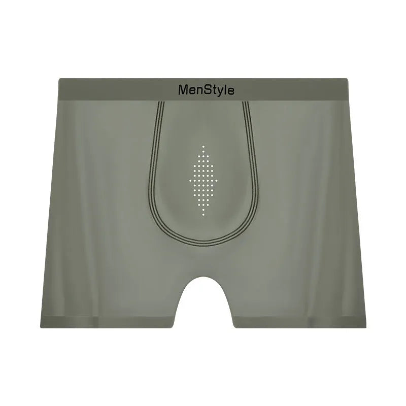 Men's seamless satin ice silk boxers in dark grey showing mid waist and reinforced crotch design.