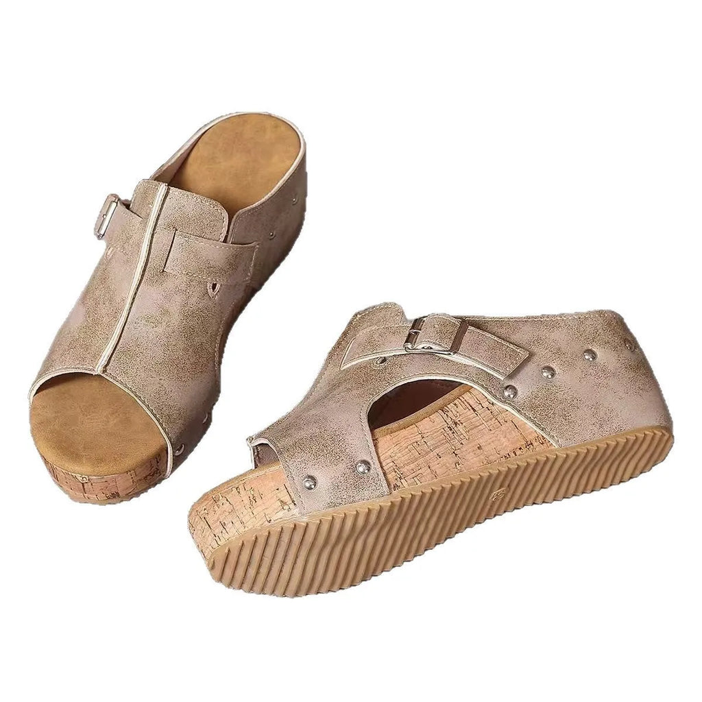 Plus size wedge sandals with rivet detail and fish mouth toe in black PU upper
