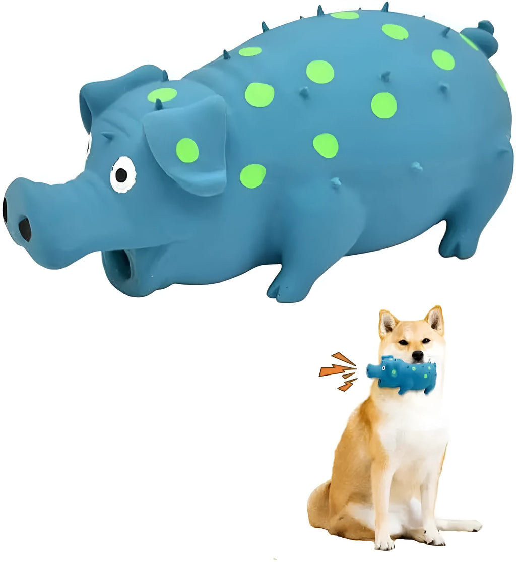 Pig-shaped latex dog chew toy with protuberant grain surface and squeaker, shown in assorted colours