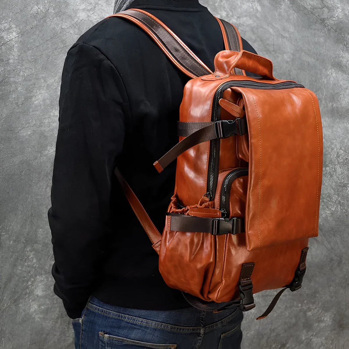 18-inch cowhide flip shoulder computer bag in blue black, 39cm x 28cm x 10cm, first layer leather, large capacity