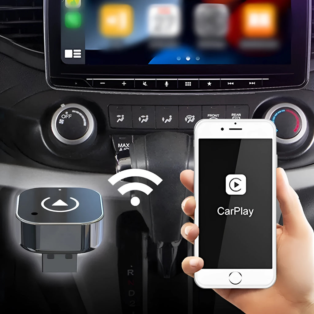 Black CarPlay box wired to wireless adapter with USB interface, front view