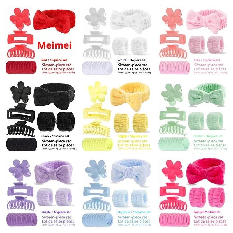 Bow washing face hair band 16-piece set with plaid pattern and wrist strap in multiple colours
