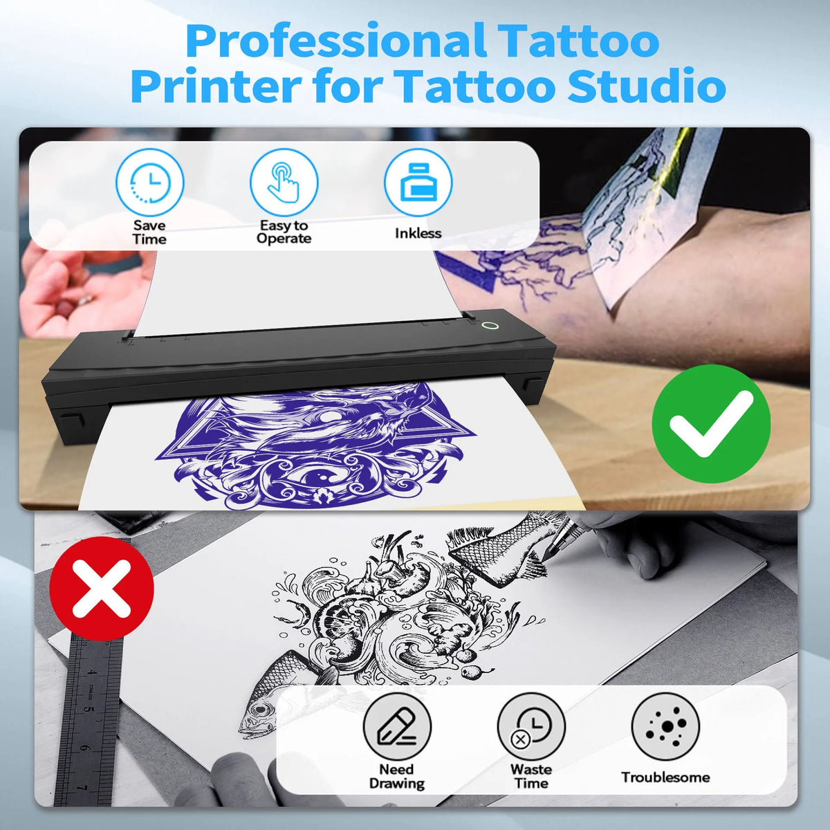 A4 Bluetooth portable mini thermal tattoo printer in D80 Black with USB and Type-C ports
