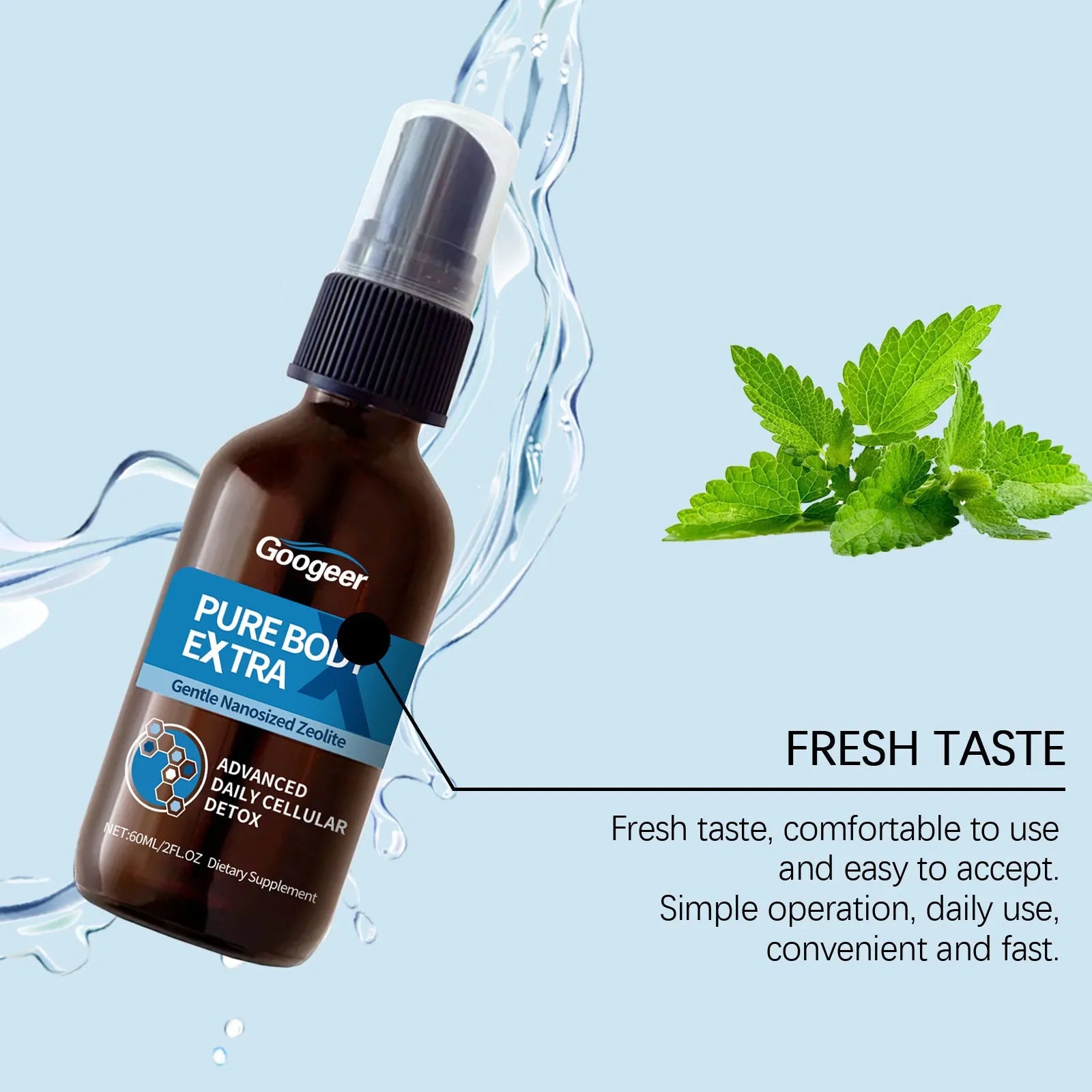 Googeer Body Care Oral Spray bottle with pump, 60ml net content, on a plain background.