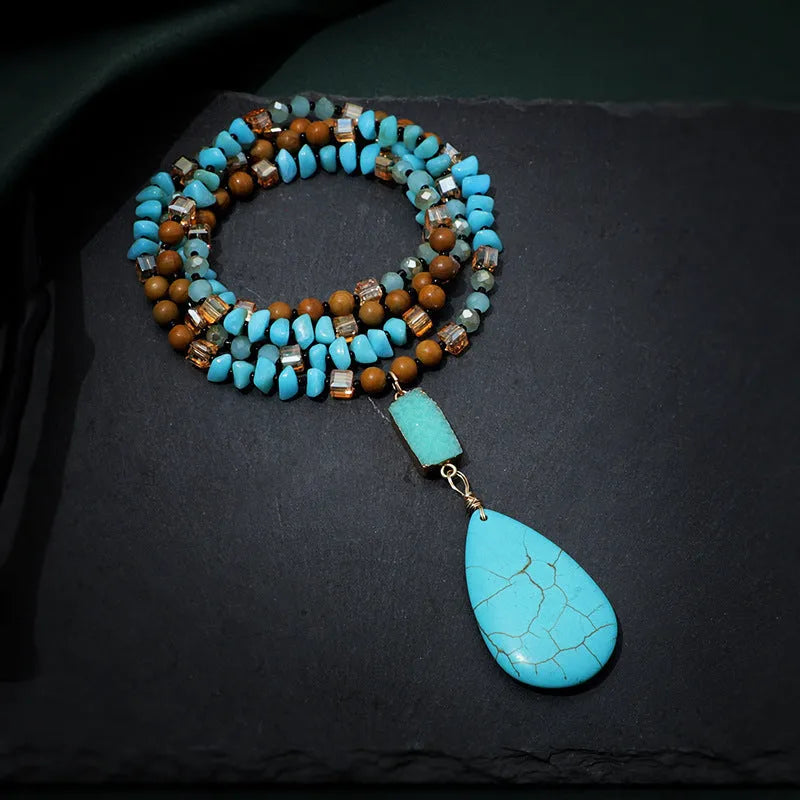 Turquoise blue water drop pendant necklace with mixed gem inlay and ball bead chain