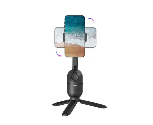 Black mobile phone bracket with face following and PTZ tripod, shown folded and unfolded with included accessories.