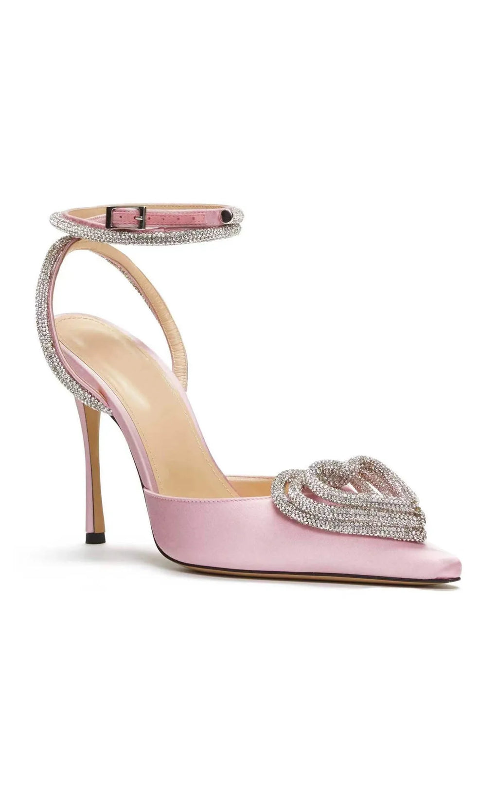 Women's pink sandals with heart rhinestone decoration, satin upper and cross-strap design