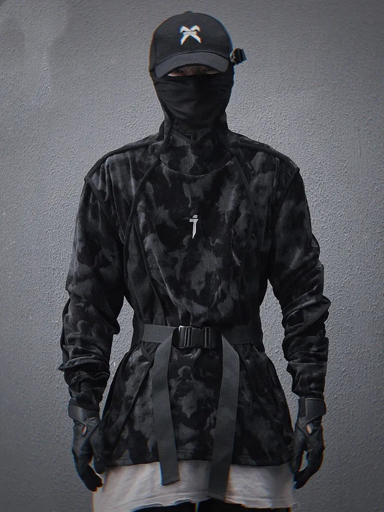 Men's black and grey tie-dye printed pullover sweater with drop-shoulder sleeves and loose casual fit