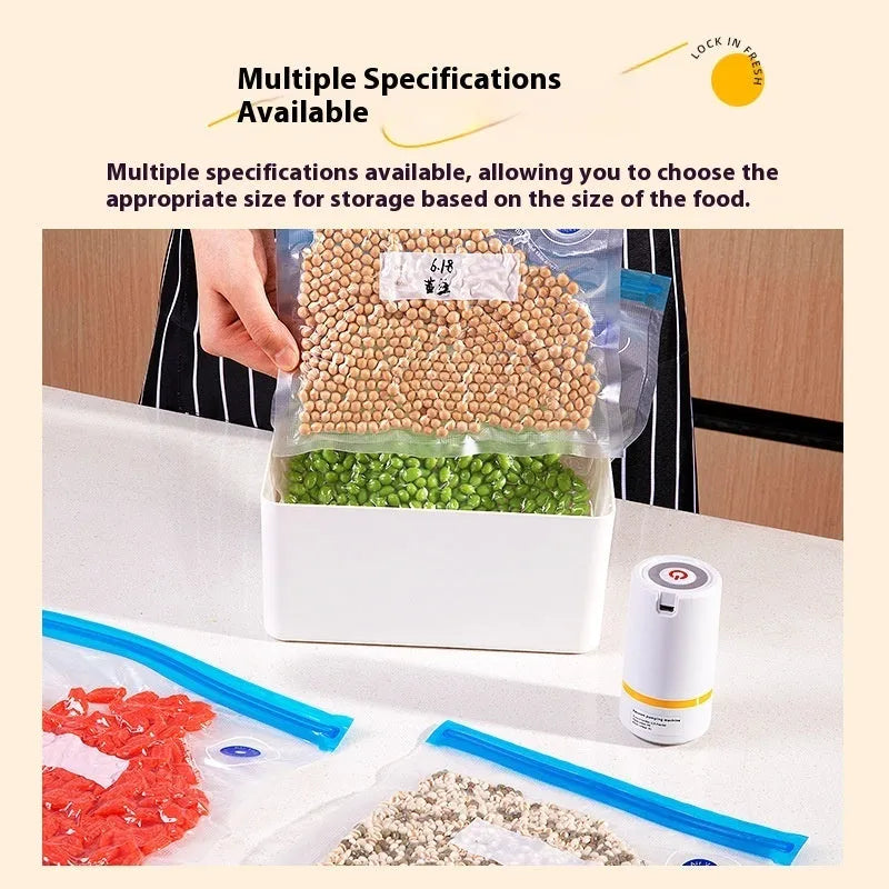 White plastic portable USB vacuum storage compression bag with freshness protection bags in small, medium, and large sizes