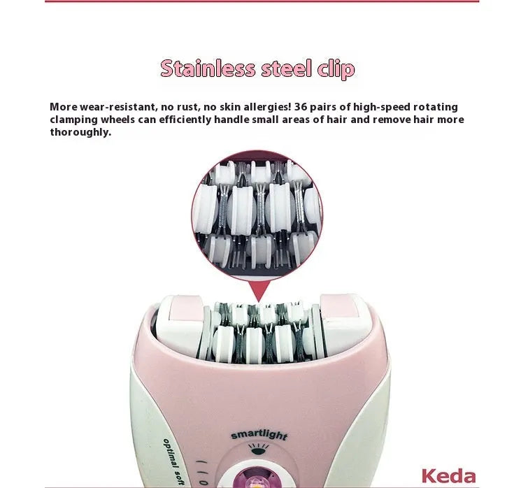 KEDA-216 coloured USB electric epilator for full body hair removal with brush cleaner