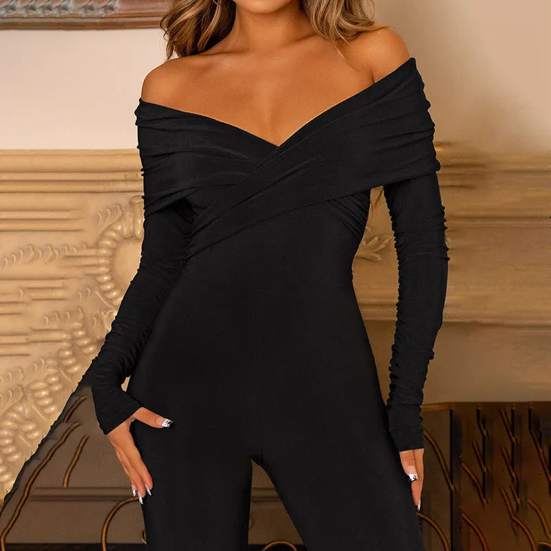 Women's black long sleeve V-neck chest cross jumpsuit with mid waist and tight trousers, sizes S M L