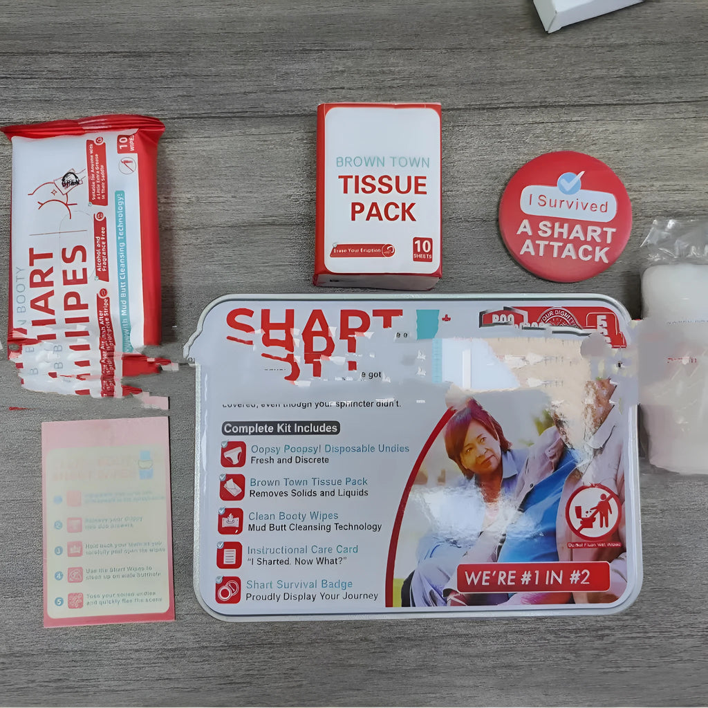 Poop Gift Set Survival Kit in aircraft box with wet wipes, dry wipes, disposable underwear, badge, and instruction card