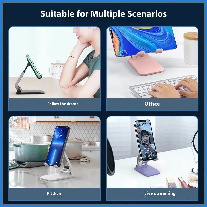 Folding portable desktop mobile phone stand in black, white, blue, or pink on a wooden desk.