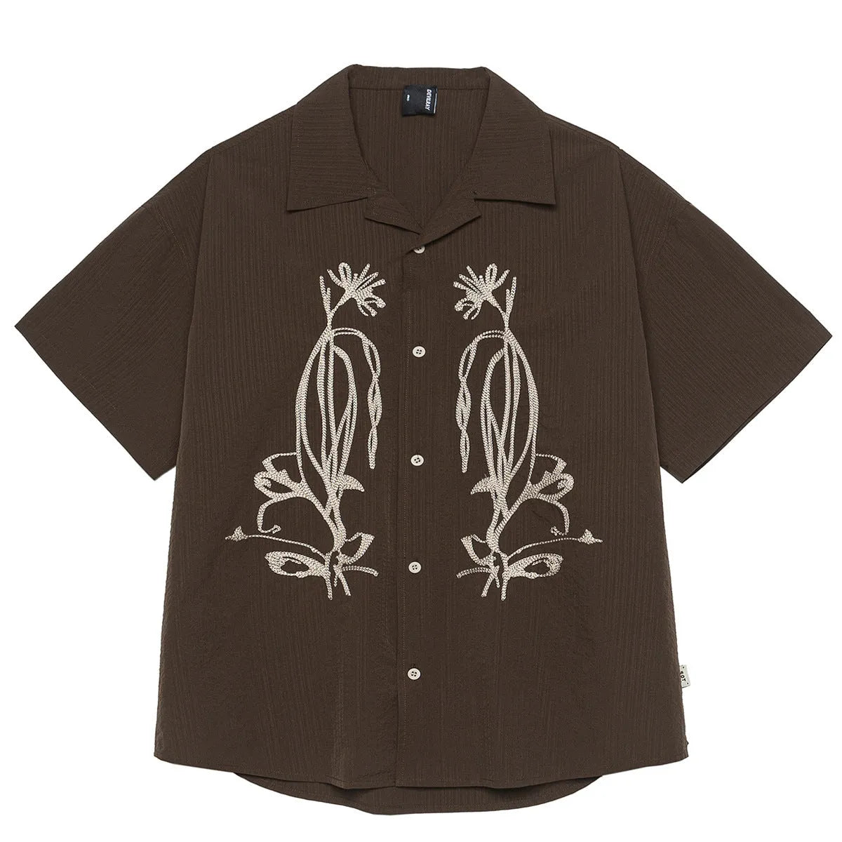 Brown striped men's short sleeve outdoor shirt with a Cuban collar on a hanger